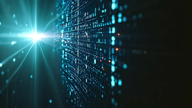 This photo features a background in blue and black, adorned with an array of dots and lines, Background of illuminated binary code falling down the screen, AI Generated