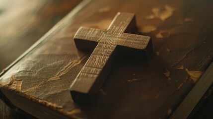 Closeup of simple wooden Christian cross on Bible , vintage tone , god - obrazy, fototapety, plakaty