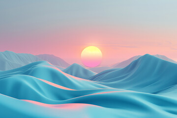 Minimalistic 3D abstract landscape featuring rolling hills and calming pastel sunrise 