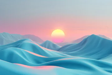 Gordijnen Minimalistic 3D abstract landscape featuring rolling hills and calming pastel sunrise  © Anna