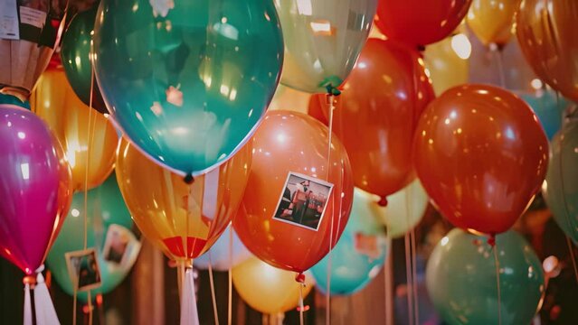 A bunch of vibrant balloons suspended from the ceiling of a party venue, creating a festive atmosphere, Balloons with attached photos at a surprise birthday party, AI Generated