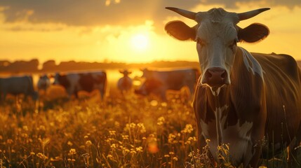 Cows herd on a grass field during the summer at sunset. A cow is looking at the camera sun rays are piercing behind her horns. - obrazy, fototapety, plakaty