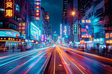An electrifying swirl of neon light trails illuminating the bustling city street at night with vibrant hues