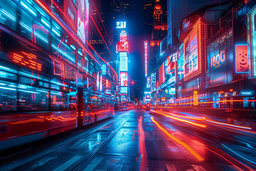 An electrifying swirl of neon light trails illuminating the bustling city street at night with vibrant hues - obrazy, fototapety, plakaty