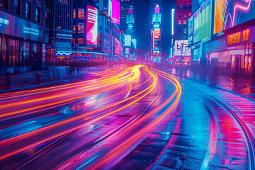Fototapeta na wymiar An electrifying swirl of neon light trails illuminating the bustling city street at night with vibrant hues