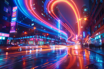 An electrifying swirl of neon light trails illuminating the bustling city street at night with vibrant hues
