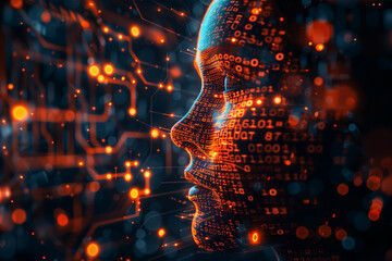Abstract concept of a digital human face morphing into binary code, set against a circuit board background, representing the fusion of humanity and technology