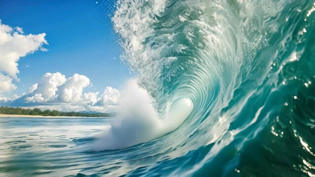 A massive wave crashes forcefully against the shoreline, creating a dramatic display of power and energy, Barrel wave breaking on a sunny day, AI Generated