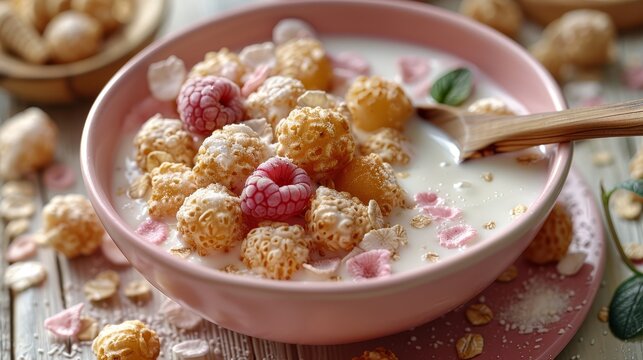  A pink bowl, brimming with cereal, sits atop a coordinating pink plate Raspberries gracefully rest atop the mounded cereal A wooden spoon lies