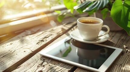 Digital tablet and cup of coffee on old wooden desk. Simple workspace or coffee break in morning/ selective focus - Powered by Adobe