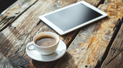 Fototapeta na wymiar Digital tablet and cup of coffee on old wooden desk. Simple workspace or coffee break in morning/ selective focus