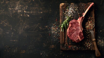 Dry aged raw tomahawk beef steak with spices. On a black wooden background. Top view. Free copy space.