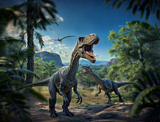 Two dinosaurs standing in a lush landscape with palm trees and a blue sky. - 783374469