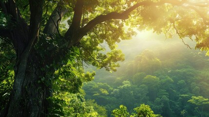 Obraz premium Earth Day eco concept with tropical forest background, natural forestation preservation scene with canopy tree in the wild, concept on sustainability and environmental renewable