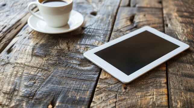 Digital tablet and cup of coffee on old wooden desk. Simple workspace or coffee break in morning/ selective focus