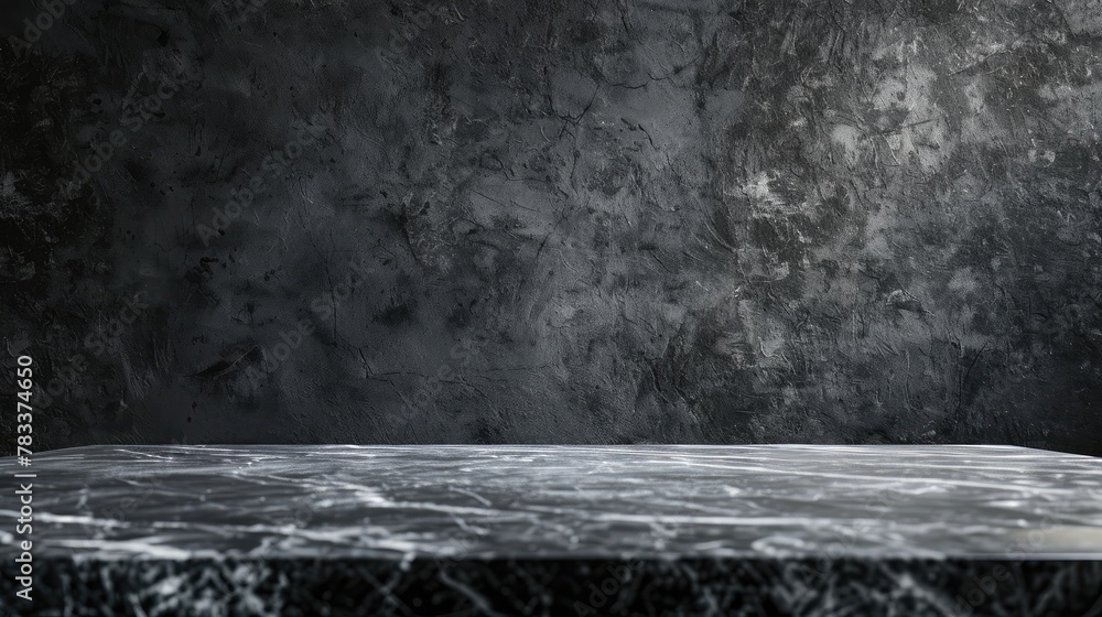 Poster empty grey marble tabletop with dark black cement stone background for product displayed in rustic m