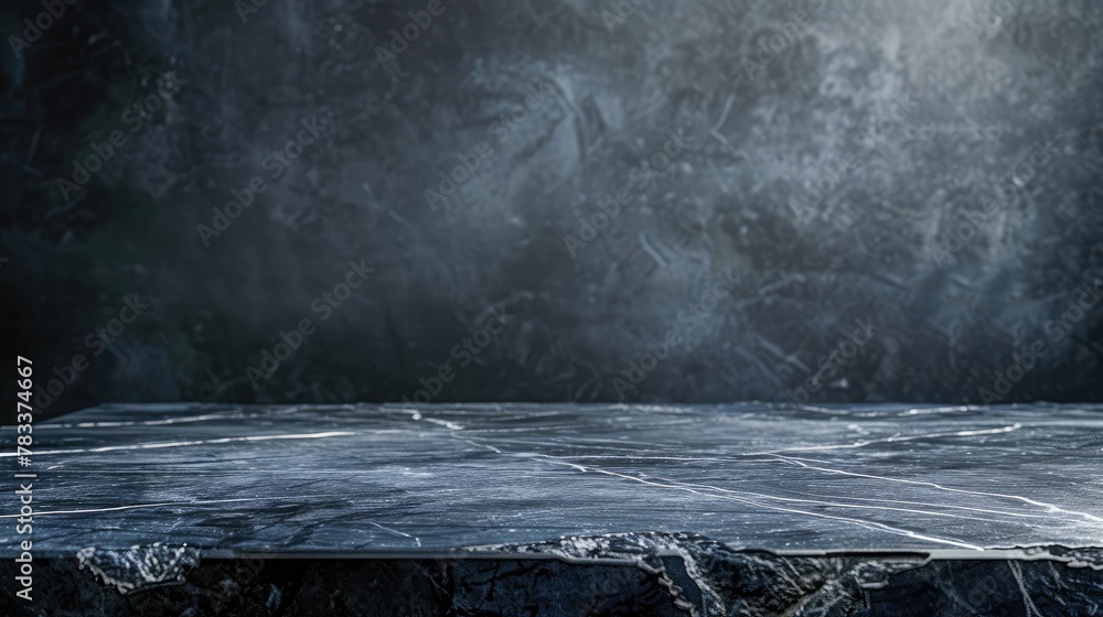 Poster empty grey marble tabletop with dark black cement stone background for product displayed in rustic m