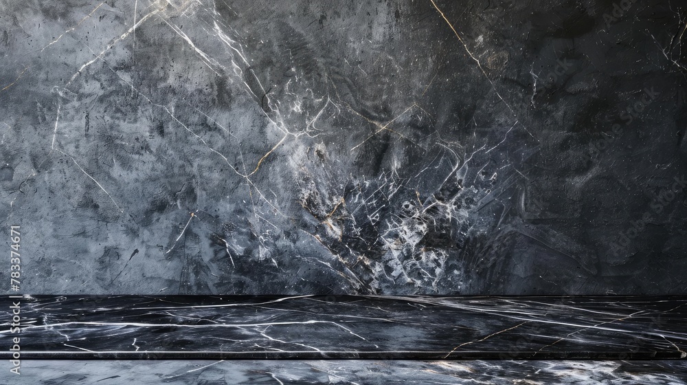 Poster empty grey marble tabletop with dark black cement stone background for product displayed in rustic m