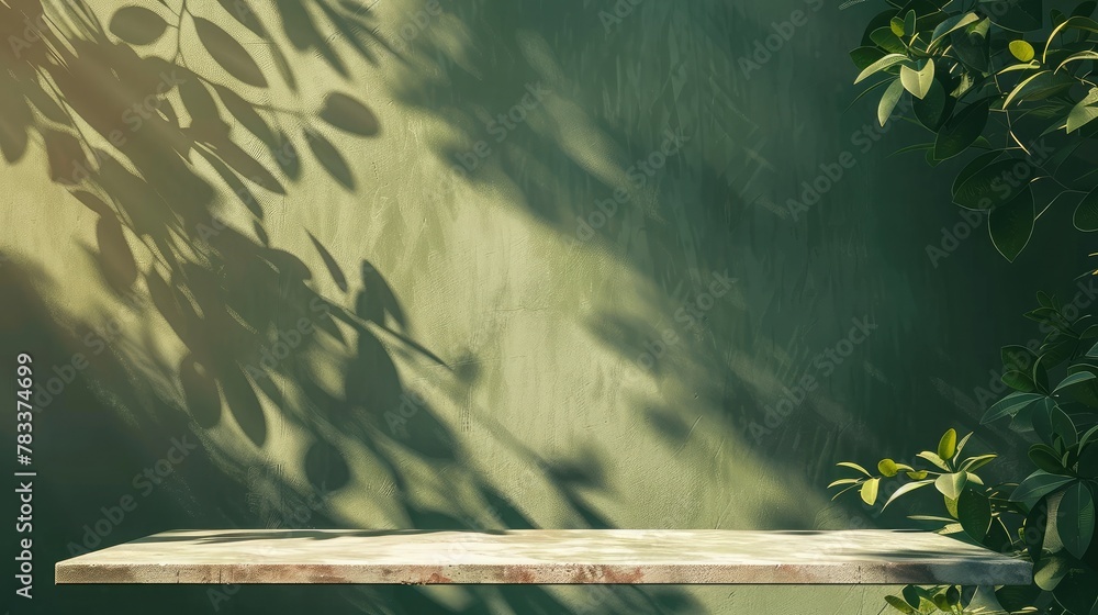 Poster empty table and darkgreen wall. table with sun reflections and leaves shadows on beige wall. backgro