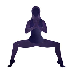 Female doing yoga Goddes pose illustration.  Woman silhouette minimalist illustration of Utkata Konasana. Wellbeing theme, healthy, practice. 