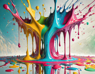 Colorful paint dripping bright colors and splashes on white background