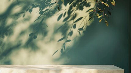 Empty table and darkgreen wall. Table with sun reflections and leaves shadows on beige wall. Background with bokeh for product presentation.Mock up for presentation, branding