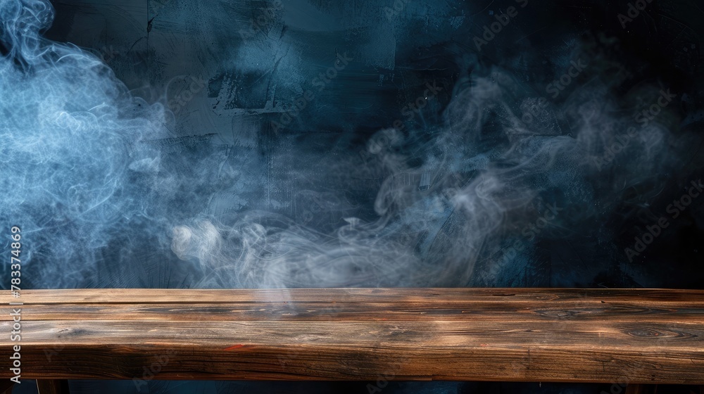 Poster empty wooden table with smoke float up on dark background empty space for display your products