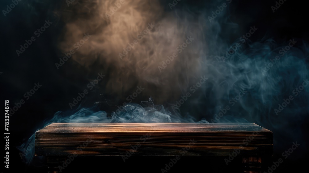 Poster empty wooden table with smoke float up on dark background empty space for display your products