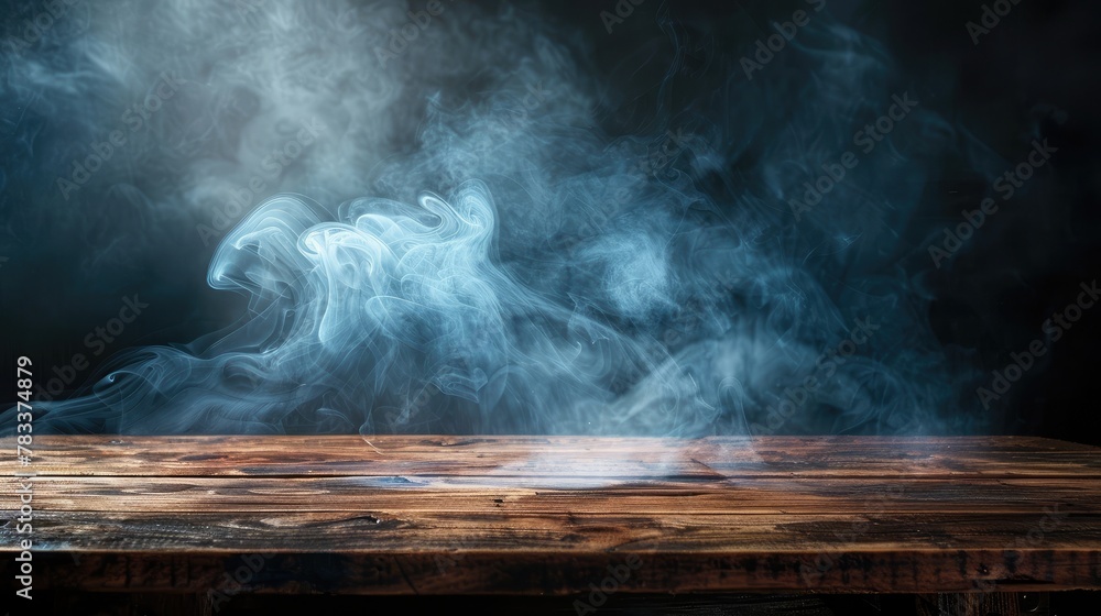 Poster empty wooden table with smoke float up on dark background empty space for display your products