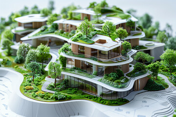 Environment concept. Green architectural plans with landscape design on the des, top view - obrazy, fototapety, plakaty