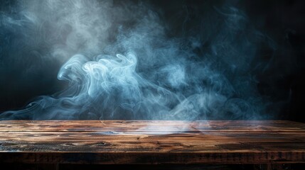 empty wooden table with smoke float up on dark background Empty Space for display your products