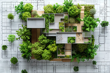 Environment concept. Green architectural plans with landscape design on the des, top view