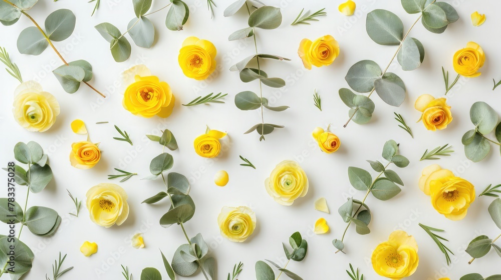 Poster Flowers composition. Pattern made of yellow flowers and eucalyptus leaves on white background. Flat lay, top view, copy space