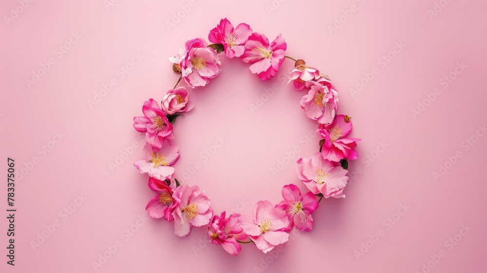 Wall mural Flowers composition. Wreath made of pink flowers on pink background. Flat lay, top view, copy space