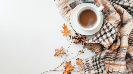 Flat lay plaid and cup of coffee on white desk. Hygge, autumn cozy mood, comfort concept. Flat lay,...