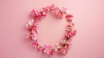 Obraz premium Flowers composition. Wreath made of pink flowers on pink background. Flat lay, top view, copy space
