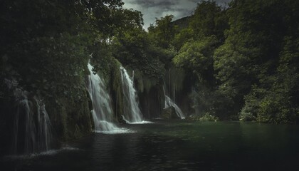 Fototapeta na wymiar water falls over greenery into small ponds croatia
