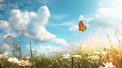 Flowers daisies in summer spring meadow on background blue sky with white clouds, flying orange butterfly, wide format. Summer natural idyllic pastoral landscape, copy space. - obrazy, fototapety, plakaty