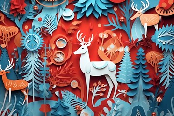 Fototapeta na wymiar Whimsical Paper Cuts Festive Christmas Decoration Background 