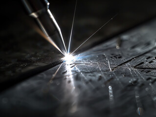 AI generated Laser ray engraving action on metal, bright light point, technological, industrial, dark scene