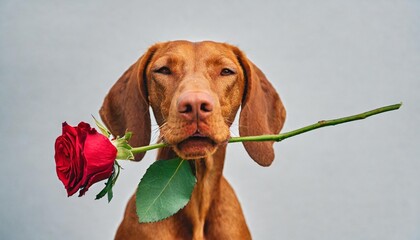 charming red haired vizsla dog with eyes closed holds a red rose in his mouth as a gift for valentine s day on a white background