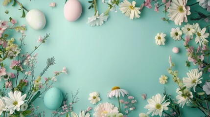 Fototapeta na wymiar Green Easter background with springtime flowers and Easter eggs, top view. Frame