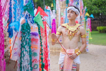 Songkran Festival. Goddess and Angel in Happy of the Water Festival of the Year 2024 in ancient temple Chiang Mai, Thailand. Popular of the summer Thailand holiday.