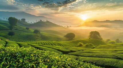 Green tea plantation at sunrise time,nature background - obrazy, fototapety, plakaty