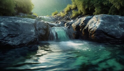 a stream of water is flowing into a pool - obrazy, fototapety, plakaty