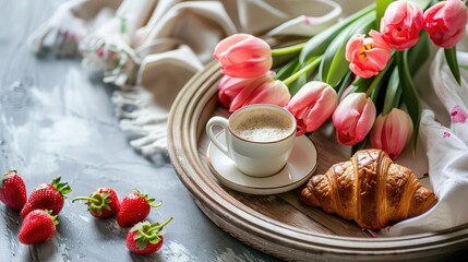 Happy mother's day, beautiful breakfast, lunch with cup of coffee (cappuccino) fresh croissants, strawberries on tray, bouquet of tulips as gift. Festive concept. Spring holiday, family relations