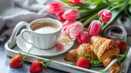 Happy mother's day, beautiful breakfast, lunch with cup of coffee (cappuccino) fresh croissants, strawberries on tray, bouquet of tulips as gift. Festive concept. Spring holiday, family relations - Powered by Adobe