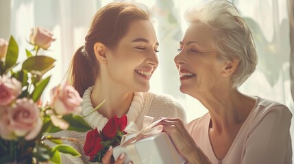 Happy mother's day! Beautiful young woman and her mother with flowers and gift box at home.
