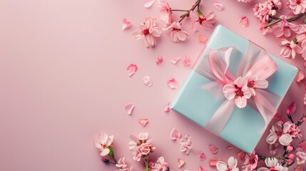 Happy Mother's Day, Women's Day, Valentine's Day or Birthday Pastel Candy Colors Background. Floral flat lay greeting card with beautifully wrapped present and copy space.