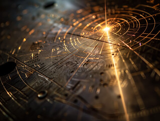 AI generated Laser ray engraving action on metal, bright light point, technological, industrial, dark scene